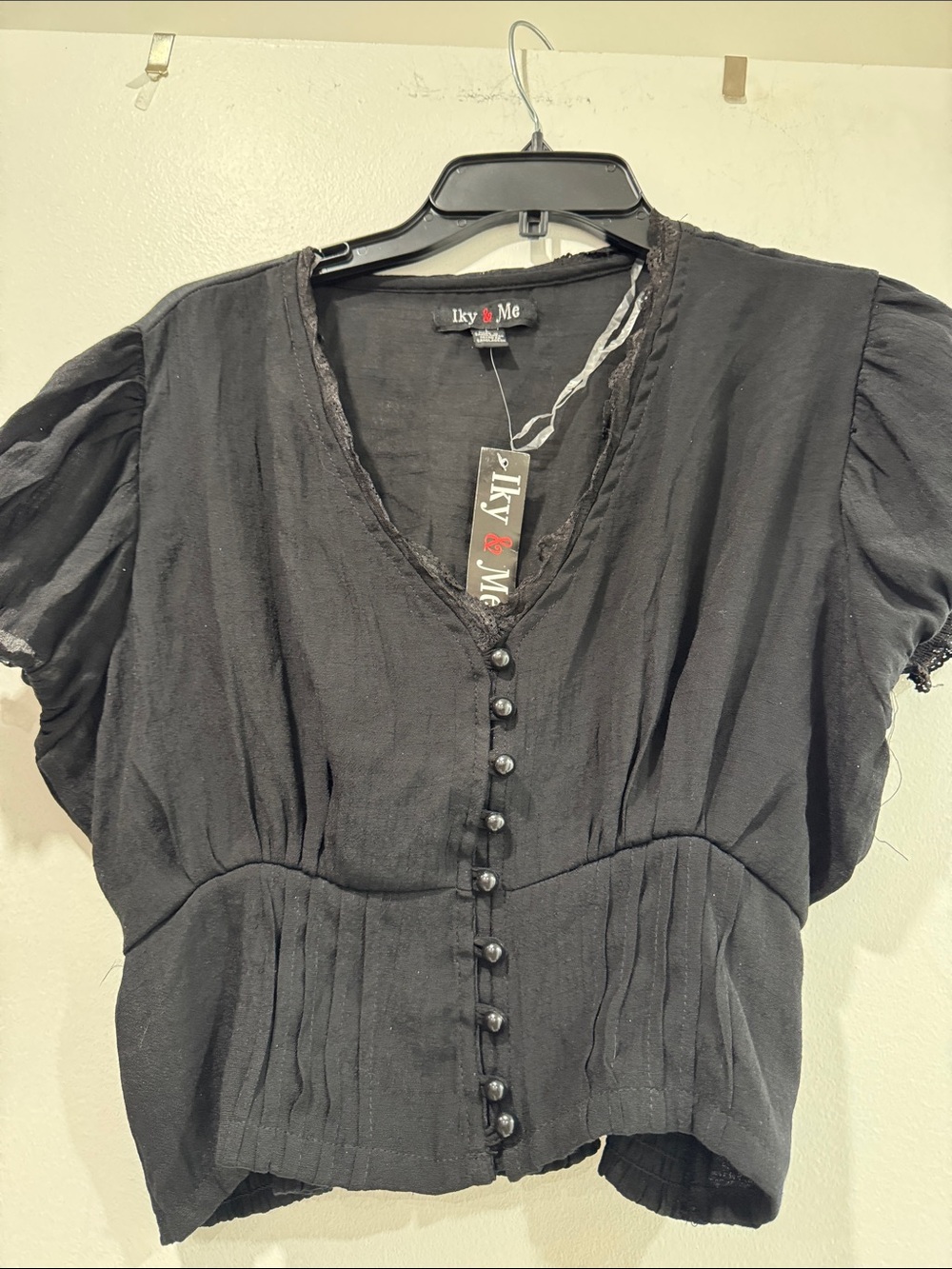 Iky & Me Blouse Womens Large Black Lace Trim Puff Sleeve Smocked Back Top